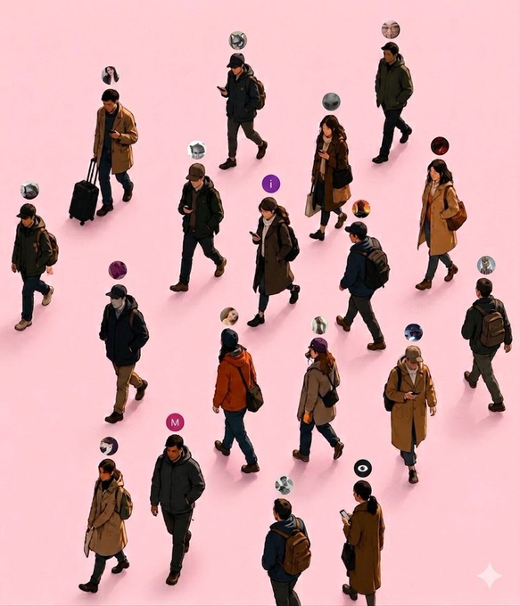 An illustrated isometric view of multiple people walking on a pink background, with various circular icons scattered above them.