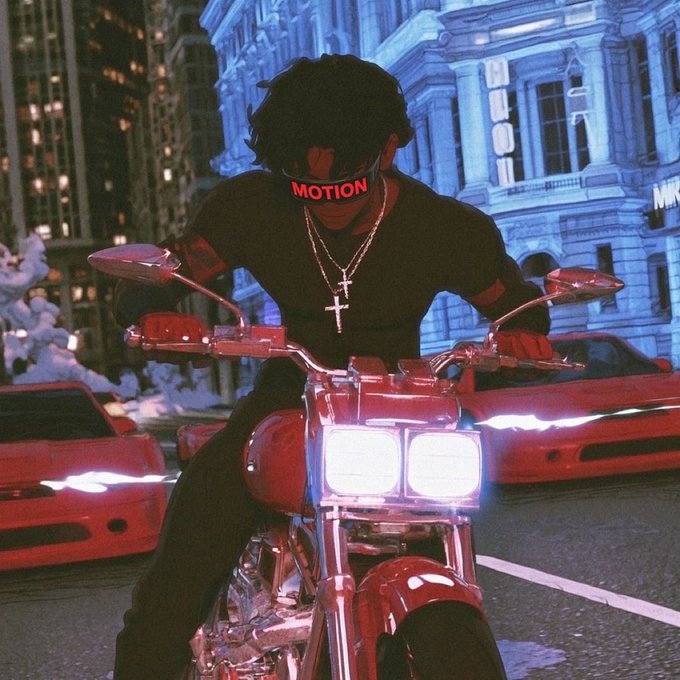 A stylized anime/aesthetic illustration of a man in sunglasses with the red text "MOTION" across his face, wearing a cross necklace and riding a motorcycle through a nighttime city street with red sports cars.