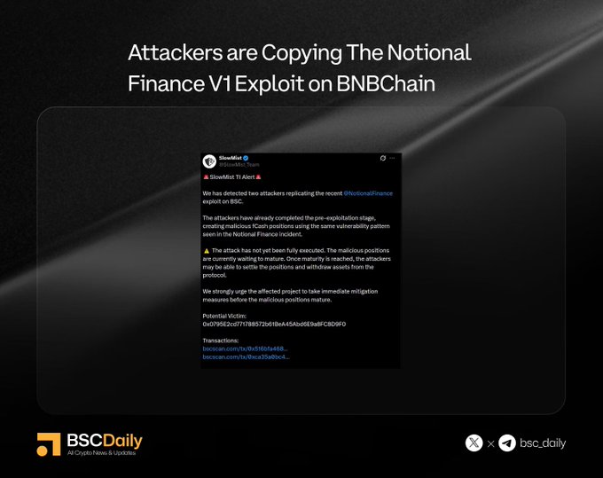 A graphic from BSCDaily with the headline "Attackers are Copying The Notional Finance V1 Exploit on BNBChain" features a screenshot of a SlowMist alert warning that two attackers have replicated the Notional Finance exploit on BSC by creating malicious fCash positions using the same pre-exploitation vulnerability pattern.