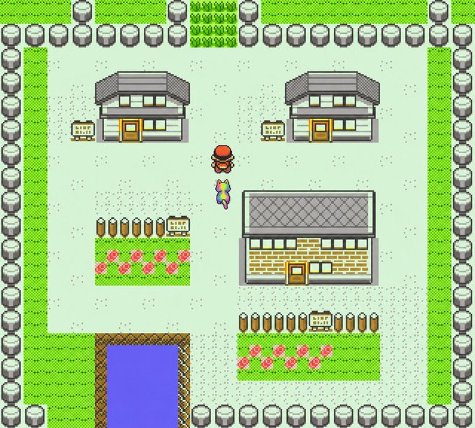 A retro 8-bit style video game scene showing a character in a small village with houses, flower beds, a pond, and a stone border.