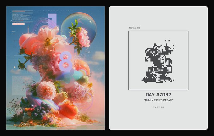 A digital artwork split into two panels: a colorful 3D floral and fruit composition on the left, and a pixelated QR code labeled 'Normie #0, DAY #7082, THINLY VEILED DREAM, 09.20.28' on the right.