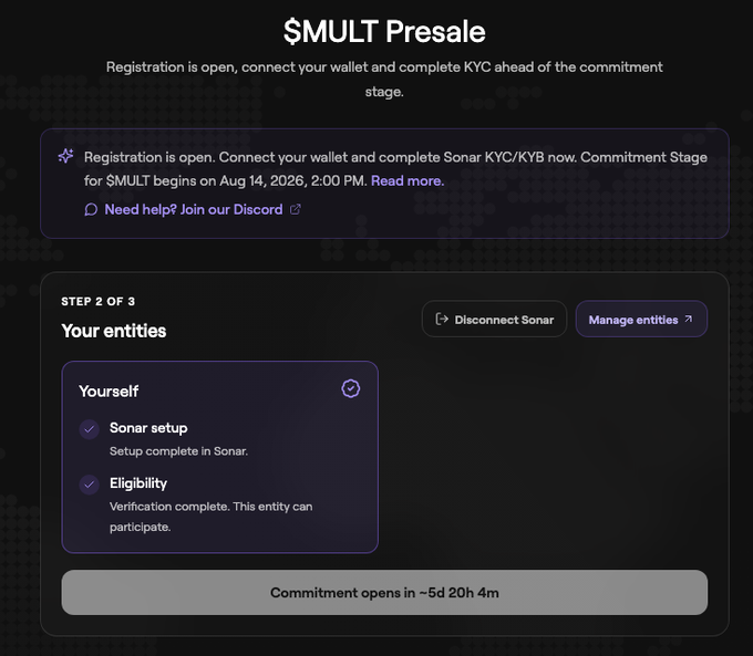 The image shows a "$MULT Presale" registration page displaying "Your entities" eligibility status, with both Sonar setup and Eligibility verification marked complete for the user, alongside a countdown showing "Commitment opens in ~5d 20h 4m." This aligns with the post about checking eligibility for the Multipli community sale, confirming the user is verified and registered before the August commitment period begins.