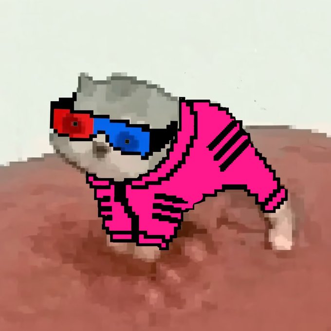 A pixel-art illustration of a cat wearing red and blue 3D glasses and a pink futuristic suit, standing on a reddish surface.