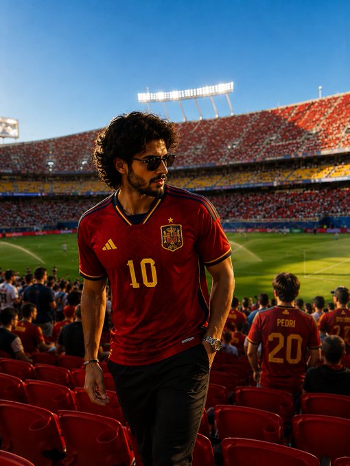 A man wearing sunglasses and a red Spain national team jersey with the number 10, standing in a stadium with red seats and a crowd in the background, with another fan wearing a 'PEDRI 20' jersey visible.