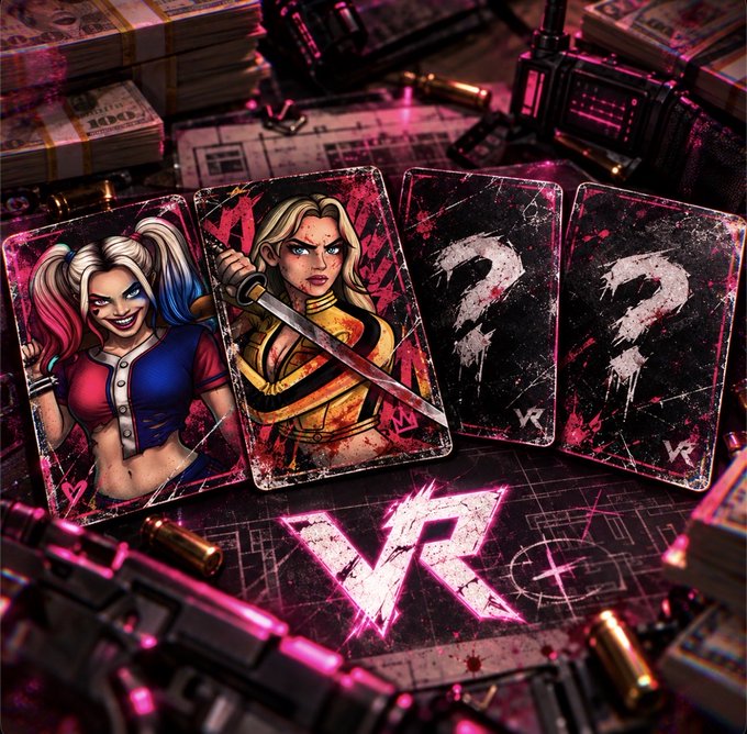 A stylized graphic featuring playing cards depicting Harley Quinn and a knife-wielding character with question marks, set against a dark, gritty background with guns and ammunition.