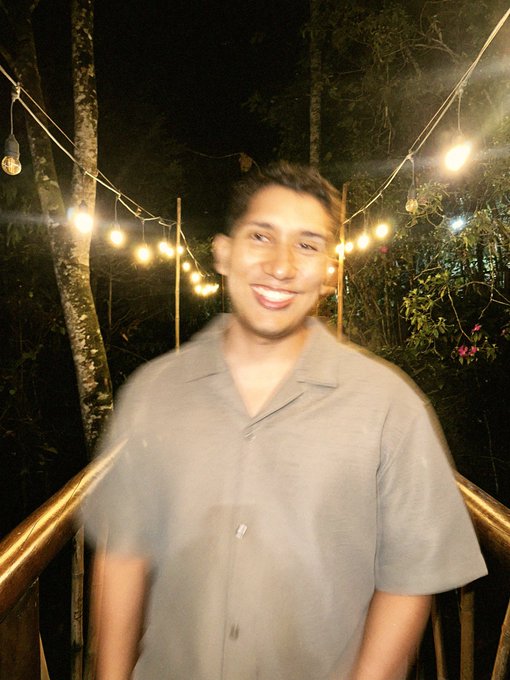 A portrait photograph of a smiling young man wearing a gray short-sleeved button-up shirt, standing on a bridge or walkway at night with decorative string lights and lush tropical greenery in the background.