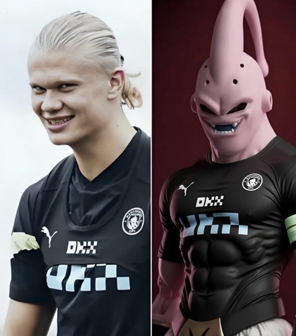 Erling Haaland is shown in his Manchester City training kit with a "DKNY" sponsor logo, paired alongside an image of the pink anime character Majin Buu wearing the same jersey to humorously compare their matching outfits.