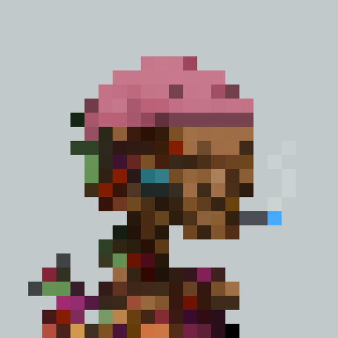 Pixel art image showing a brown, blocky character with a pink/frosted top, possibly hair or frosting, holding what appears to be a cigarette or stick.