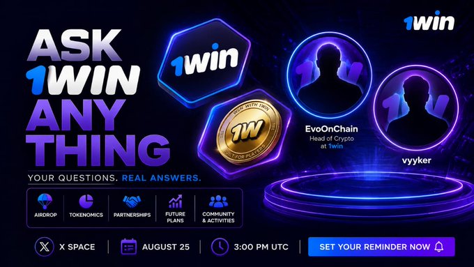 A promotional graphic for a 1win AMA event titled 'Ask 1Win Any Thing' scheduled for August 25 at 3:00 PM UTC on X Space, featuring hosts EvoOnChain and vykker, with topic icons for Airdrop, Tokenomics, Partnerships, Future Plans, and Community & Activities.