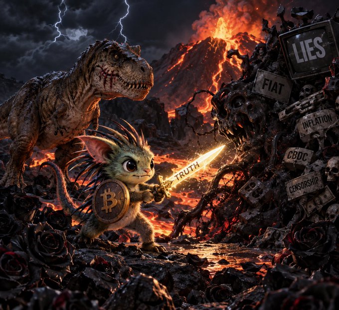 A fantasy digital illustration depicts a small, cute creature wearing a Bitcoin shield and holding a glowing "TRUTH" sword, standing before a T-Rex and fighting off dark monsters labeled "LIES", "FIAT", "INFLATION", "CBDC", and "CENSORSHIP" against a volcanic background.