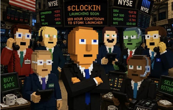 A pixel-art style image depicting several Wall Street-style characters on phones and trading devices, with a central monitor reading '$CLOCKIN LAUNCHING SOON 100 HOUR COUNTDOWN TO $TONK LAUNCHER'.