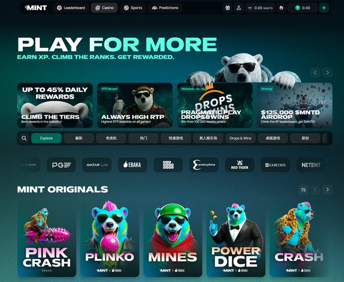 A website screenshot for "MINT" featuring a polar bear mascot with sunglasses and text reading "PLAY FOR MORE," "EARN XP. CLIMB THE RANKS. GET REWARDED," along with game thumbnails including "PINK CRASH," "PLINKO," "MINES," "POWER DICE," and "CRASH."