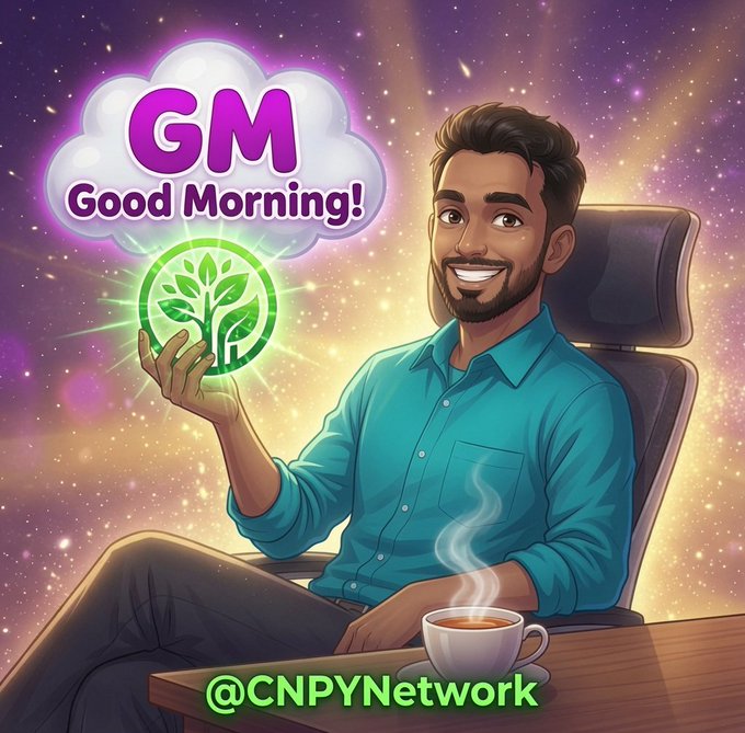 An illustrated 'GM Good Morning!' graphic showing a smiling bearded man in a teal shirt sitting with a cup of coffee and holding a glowing green tree/plant icon, credited to @CNPYNetwork against a cosmic background.