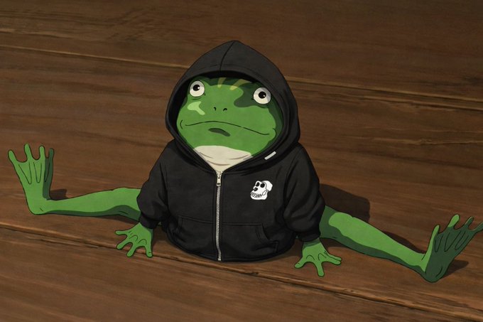 A 3D-rendered cartoon frog wearing a black zip-up hoodie, sitting in a spread-eagle pose on a wooden surface.