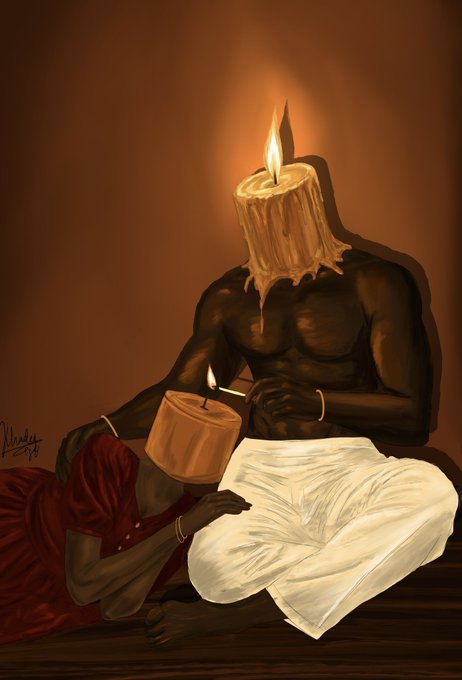 Two seated figures with burning candles as heads—a larger figure lighting the wick of a smaller, kneeling figure's candle—symbolically convey the post's title "Borrowed Flame," representing the passing of knowledge, spirit, or inspiration from one to another.