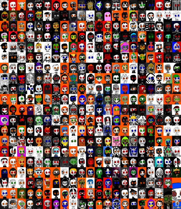 A dense grid of hundreds of colorful NFT character avatars featuring skull-like faces with various decorative elements fills the entire frame.