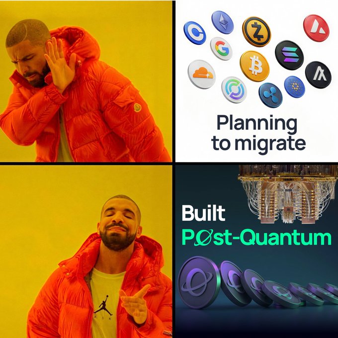 The image is a Drake-style meme contrasting rejection ("Planning to migrate") with approval ("Built Post-Quantum"), featuring logos of traditional cryptocurrencies like Bitcoin and Ethereum alongside a quantum computing chip and Post-Quantum (PQ) tokens. It humorously endorses quantum-resistant blockchain technology over legacy crypto projects that merely plan to upgrade, aligning with the post's theme "The Great Quantum Awakening."