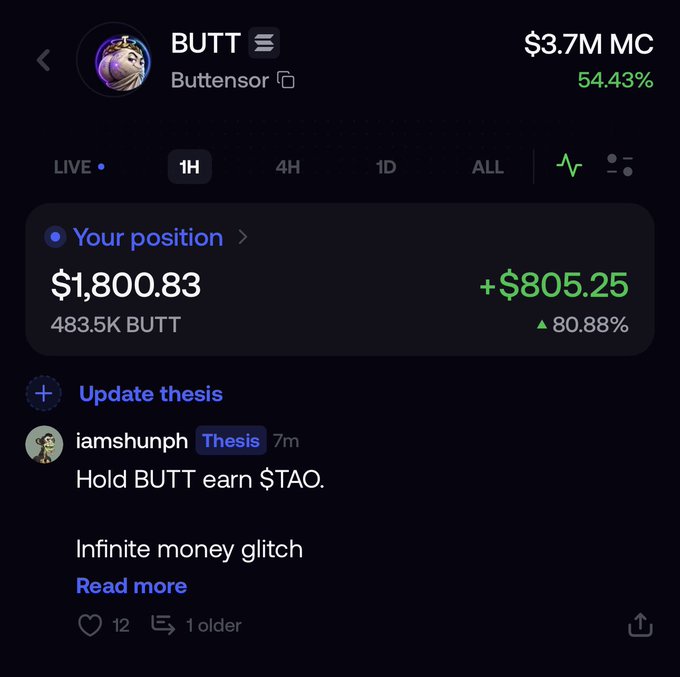 A trading page shows a $BUTT position worth $1,800.83 (483.5K BUTT), up $805.25 or 80.88%, with a $3.7M market cap and 54.43% gain. The accompanying post promotes a simple thesis: “Hold $BUTT, get $TAO” and includes the provided contract address.