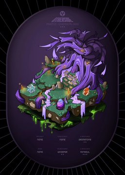 The image showcases a dark, mystical floating island NFT featuring a purple-haired female figure seated on a mossy green platform surrounded by floating purple crystals and mushrooms, set within a black oval frame with the "Otherside" logo at the top. Stat bars at the bottom display placeholder attributes like "None," "Unverified," and "Weakest" — representing a typical Otherdeed land NFT from the OthersideMeta project that the post references, with text noting 125 sales in 24 hours and a floor price up 25%.