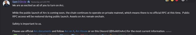A Discord message from Sam | Circle at 5:20 PM announcing an Arc public launch, stating assets remain onchain and directing users to Arc documents, X, Arc House, or Discord for current information.