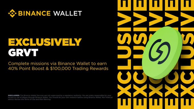 The image features a black background with yellow text that reads "Binance Wallet Exclusive GRVT" at the top of the screen. Below this, there are two descriptions related to the GRVT coin. The first description states that GRVT is being mentioned quite a lot recently and speculates about a potential Binance listing for it. The second description provides information on how to trade GRVT, stating that it can be bought with 40% Point Boost & $10,000 trading rewards.