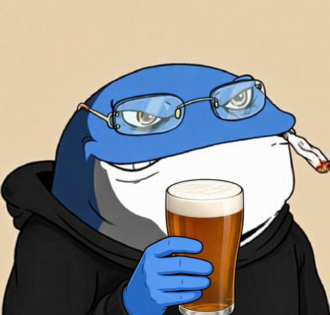 An anime-style illustration of a blue and white shark-like character wearing glasses and a black hoodie, holding a glass of beer and a cigarette.