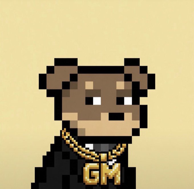 A pixel art illustration features a dog character wearing a black outfit with a gold chain and a "GM" medallion, pairing with the caption's "Good Morning" greeting to crypto community members and its bullish, celebratory tone about DD (possibly Dogecoin or a ticker).
