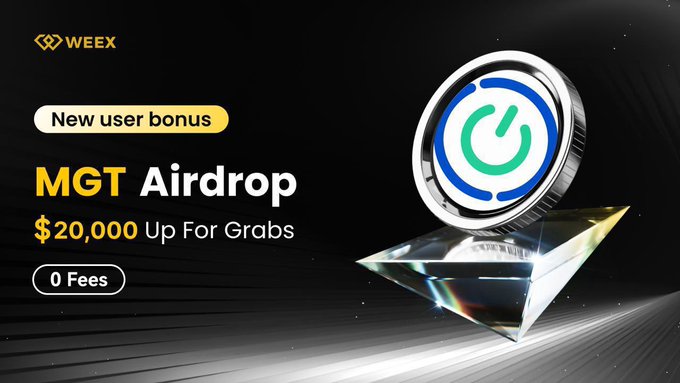WEEX promotional banner advertising an MGT Airdrop with $20,000 up for grabs for new users with 0 fees.