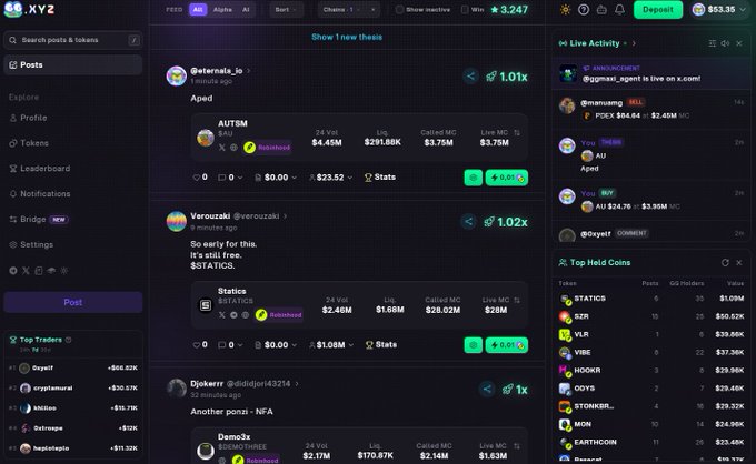 Screenshot of a social trading platform's feed showing posts from users like @eternals_io promoting the $AUTM token with a 1.01x multiplier and @Verouzaiki with a 1.02x multiplier, alongside a "Live Activity" panel displaying market cap data ($863.35) and a "Top Held Coins" leaderboard featuring $STATICS, $SZN, and $VLR. The image illustrates the "social trading platform" referenced in the post, similar to Robinhood's upcoming TradFi-crypto integration, where users can share token calls and trading performance.