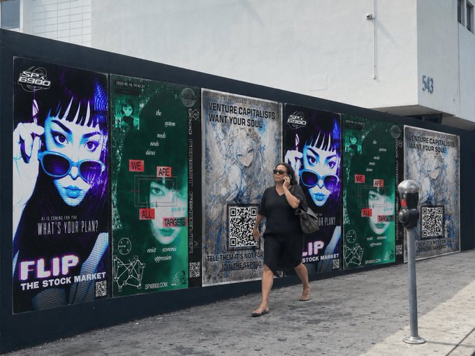 A woman in black talks on her phone while walking past a wheat-pasted poster campaign for SPX6900 along a Los Angeles sidewalk, with repeating designs reading "FLIP THE STOCK MARKET" and "WE APE YOU'RE TARGETS" alongside "VENTURE CAPITALISTS WANT YOUR SOUL" messaging and QR codes. The posters reflect the post's announcement of a 100-poster, multi-location LA campaign (Santa Monica, Venice, Melrose, Fairfax, Silver Lake, Echo Park) now crowdfunding toward a $4,600 goal.