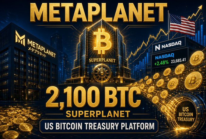 The image is a promotional graphic announcing Metaplanet's transfer of 2,100 BTC to the U.S. as part of its 95.7% acquisition of Superplanet, featuring bold gold "METAPLANET" and "2,100 BTC" text alongside Bitcoin imagery, the Metaplanet logo, an American flag, and NASDAQ branding that highlights the new "US BITCOIN TREASURY PLATFORM."