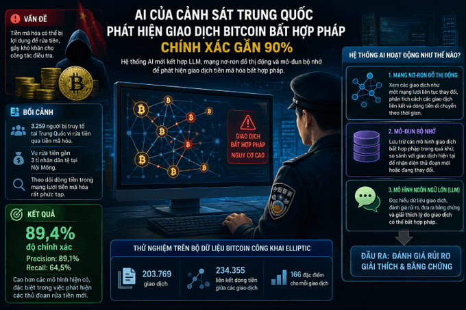 An infographic in Vietnamese titled 'AI CỦA CẢNH SÁT TRUNG QUỐC PHÁT HIỆN GIAO DỊCH BITCOIN BẤT HỢP PHÁP CHÍNH XÁC GẦN 90%' about a Chinese police AI detecting illegal Bitcoin transactions, showing 89.4% accuracy with data from the Elliptic dataset.