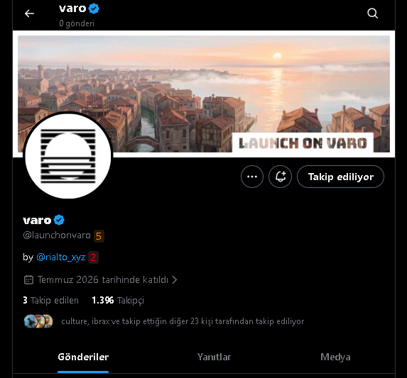 A Twitter/X profile page for 'varo' (@launchonvaro), showing a 'LAUNCH ON VARO' header with a coastal city illustration and indicating it was joined in July 2026.