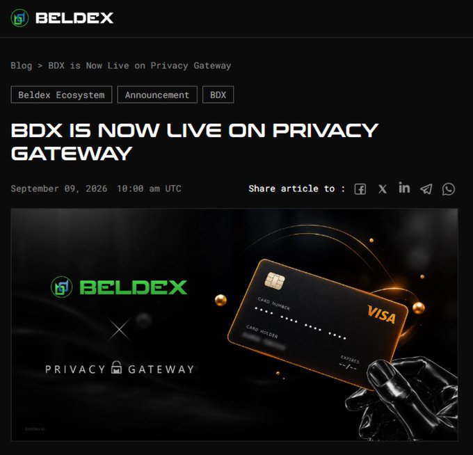 A blog announcement page from Beldex titled 'BDX IS NOW LIVE ON PRIVACY GATEWAY', featuring a promotional image of a black and gold credit card held by a robotic hand.