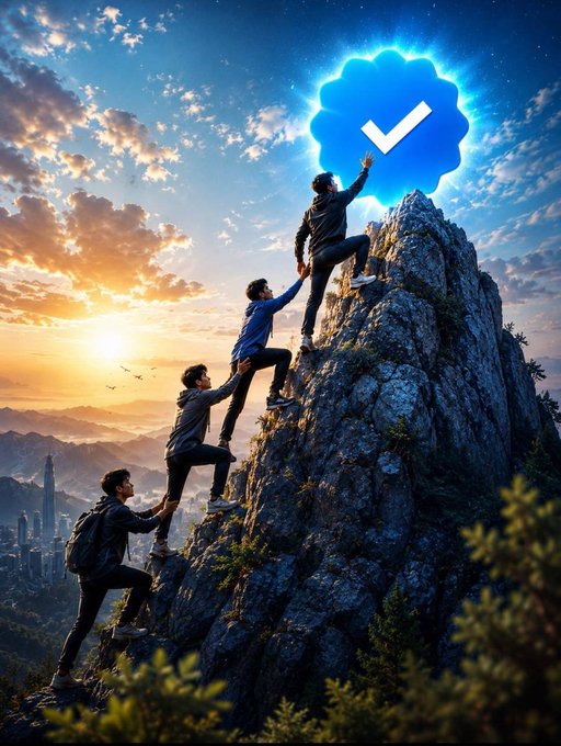 An AI-generated digital illustration depicting five people climbing a rocky mountain in a human chain, with the person at the top reaching toward a glowing blue checkmark badge against a sunset sky.