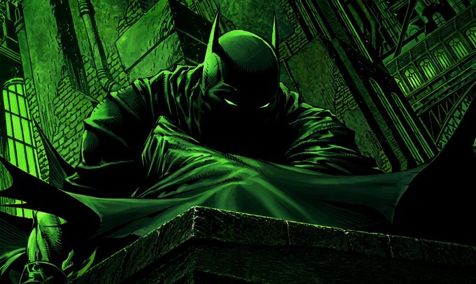 A green-tinted comic book illustration of Batman crouching on a ledge, gripping his cape in a shadowy urban setting.
