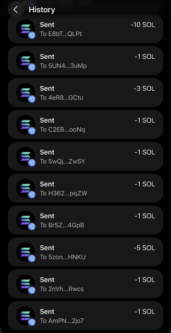 This image displays a transaction history showing multiple SOL cryptocurrency transfers, ranging from -1 SOL to -10 SOL, supporting the claim of @blknoiz06 sending funds to multiple people.