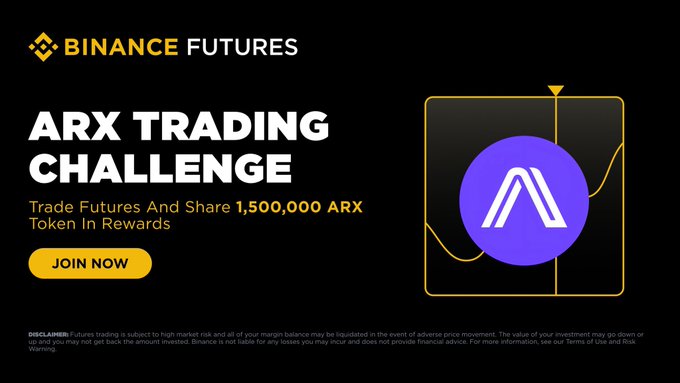 A Binance Futures promotional banner for the ARX Trading Challenge featuring the Binance Futures logo, a bold yellow "JOIN NOW" button, and a graphic with the stylized "A" ARX token logo overlaid on a trading chart, advertising a 1,500,000 ARX token prize pool for trading ARXUSDT futures.