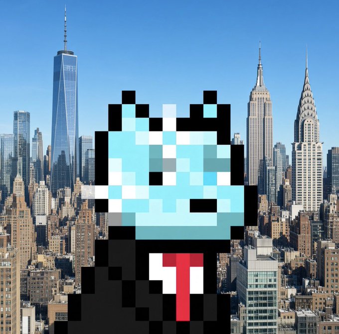A pixelated dog wearing a black suit and red tie is superimposed over a daytime skyline of New York City, featuring recognizable landmarks including One World Trade Center and the Chrysler Building, tying into the "Suit it up Sunday" post with its reference to the Doginal Dogs collection and NYC pride.