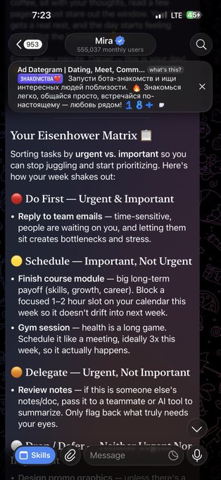 A Telegram chat from 'Mira' displays an Eisenhower Matrix productivity guide with categories for urgent/important tasks like replying to emails, finishing course modules, scheduling gym sessions, and delegating notes/doc work.