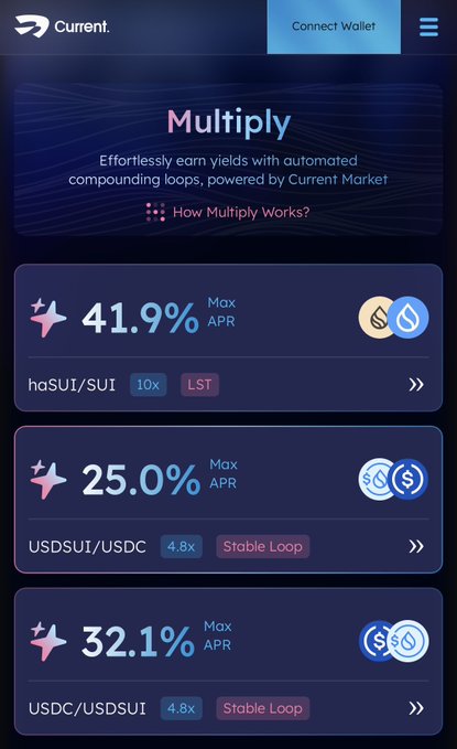 The image shows a phone screen displaying three different options for trading pairs of cryptocurrencies. The screen also has a list of cryptocurrency pairs and their respective maximum gains or losses at various interest rates. The text on the screen indicates that this information is from Current, which is a cryptocurrency exchange service.
