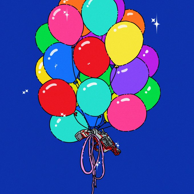 A colorful illustration of a bunch of balloons in pink, blue, green, yellow, red, orange, and purple tied with pink strings against a solid blue background, with small white sparkles.