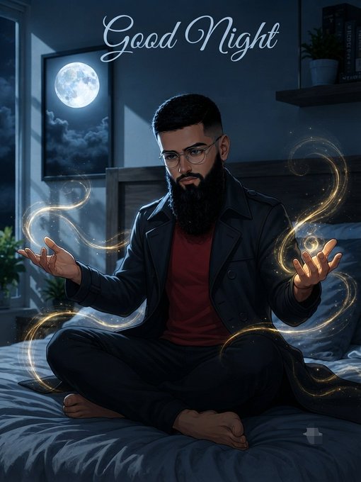 A digital illustration of a bearded man in glasses meditating on a bed at night with golden magical energy swirling around him, with 'Good Night' written at the top.