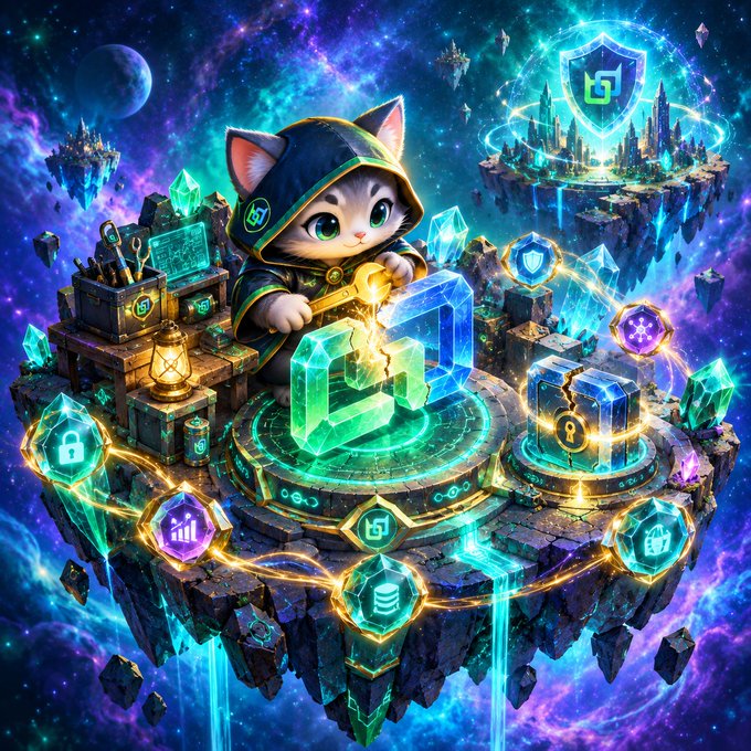 A digital illustration of a hooded cat-like character in a cosmic setting, surrounded by floating crystals, glowing blue and green circuitry, shields, and various icons on a rocky platform.
