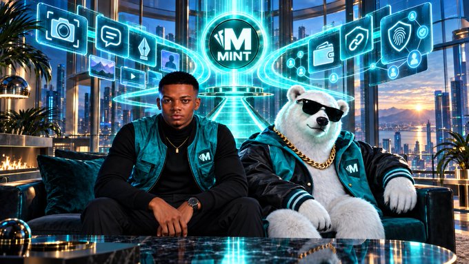 A young man and a polar bear wearing sunglasses and gold chains sit together on a couch in a luxurious penthouse with a city skyline view, beneath a glowing 'M MINT' logo and floating app icons.