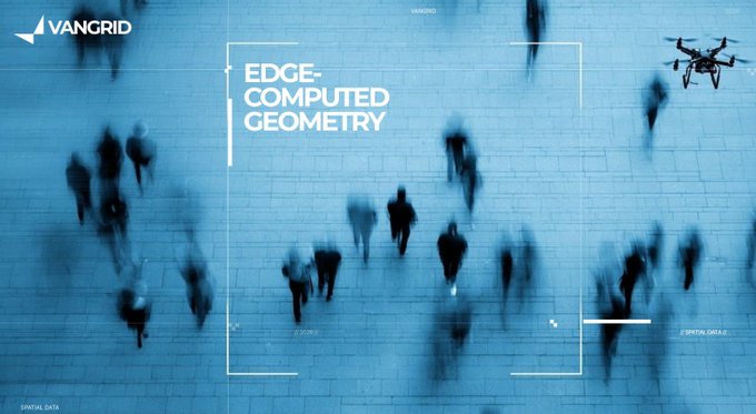 A drone hovers above a crowd of blurred pedestrians walking across a paved plaza, with a digital targeting reticle overlay reading "EDGE-COMPUTED GEOMETRY" and the "VANGRID" logo in the upper-left corner. The image visually reinforces the post's theme by showing how aerial and edge-computing technology can capture large crowds and physical spaces in real time—mirroring VanGrid's approach of using everyday hardware like smartphones and drones to map the real-world environments that robots need to navigate, without requiring specialized mapping equipment.