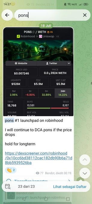 Telegram screenshot showing a search for 'pons' with a token listing for PONS/WETH on Robinhood/Uniswap, indicating it's labeled as '#1 launchpad on robinhood'.