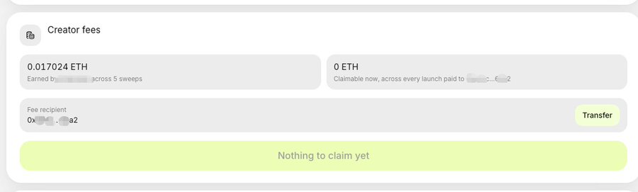 A 'Creator fees' interface showing 0.017024 ETH earned and 0 ETH claimable, with a fee recipient address and a 'Nothing to claim yet' message.