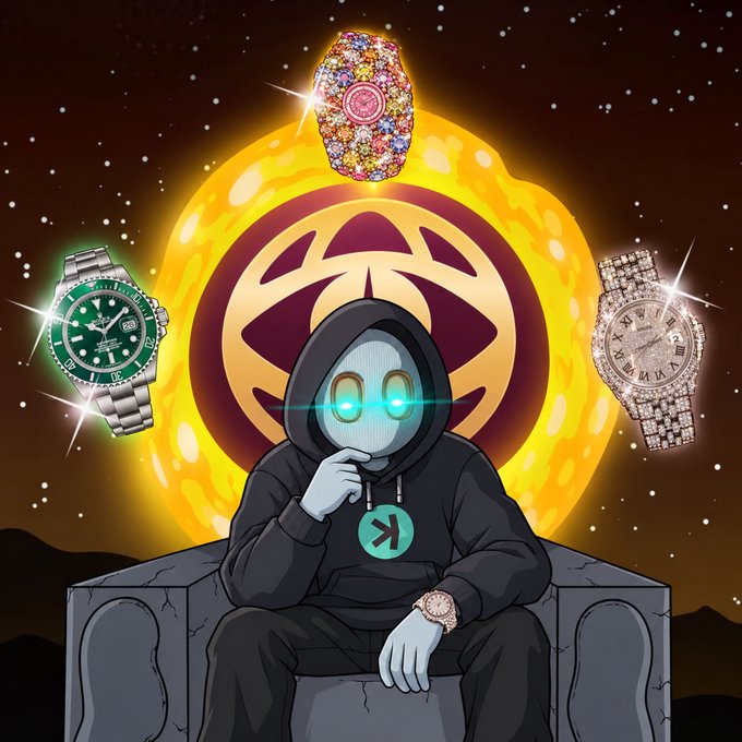 The artwork depicts a hooded, glowing-eyed figure sitting before a golden emblem with a "K" medallion, surrounded by three luxury timepieces—a green Submariner, a diamond-encrusted Datejust, and a rose-gold diamond watch—plus a jeweled ring above, visually echoing the post's bragging about multiple Rolex wins from @watchdotfun.