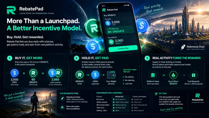 RobinhoChain promotional infographic for RebatePad, with a phone mockup and text including “More Than a Launchpad. A Better Incentive Model.” and “Buy REBATE.”